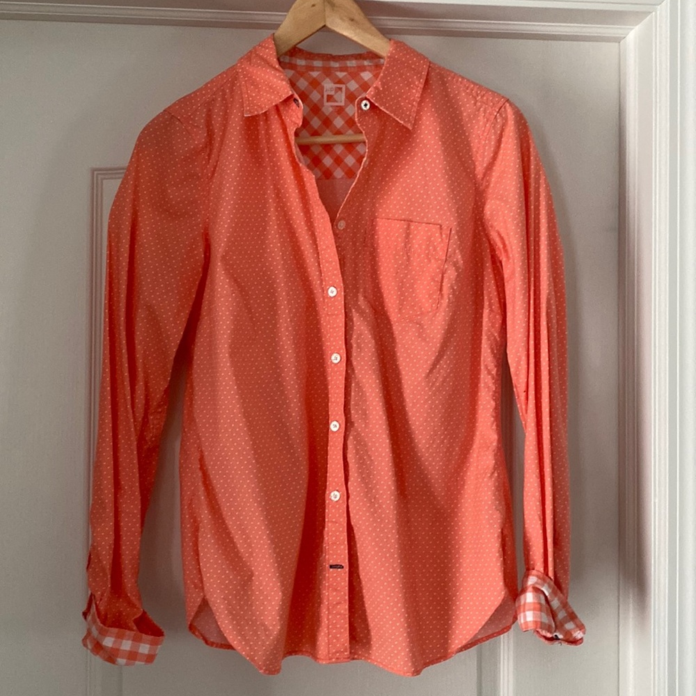JCP Coral Polka Dot and Buffalo Check Button Up